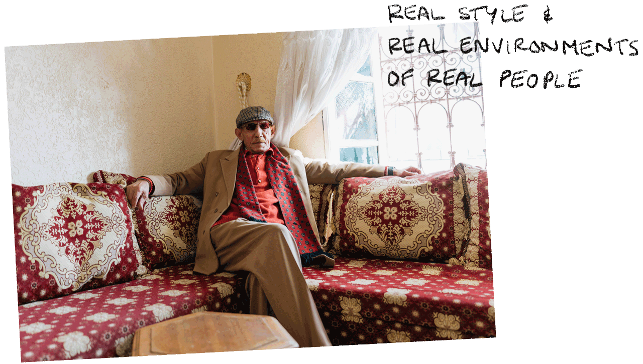 Fashionable moroccan senior gentleman posing in his living room. Text: Real style and real environments of real people.